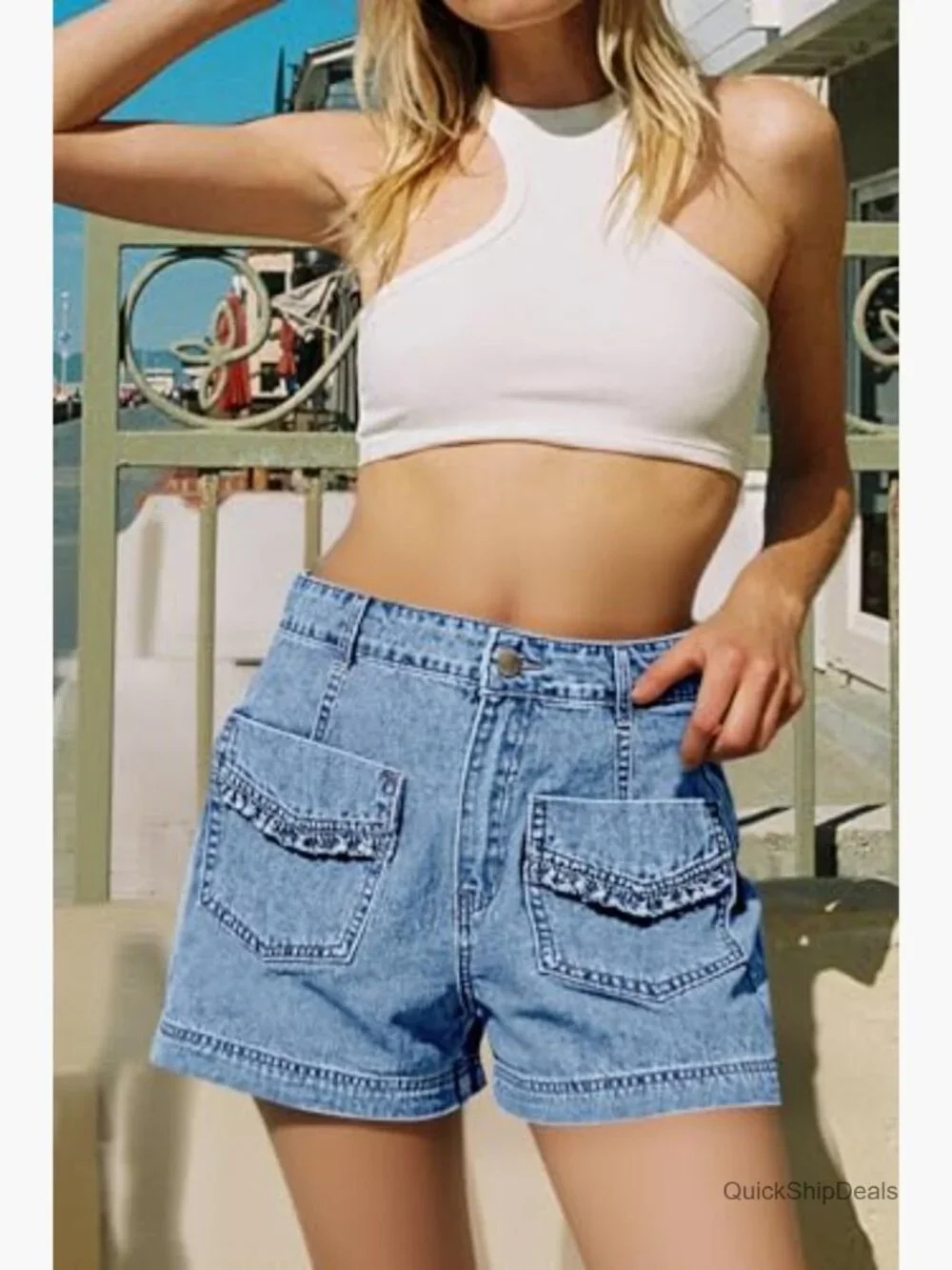 High Waisted Baggy Wide Leg Vintage Denim Shorts with Ruffle Pockets